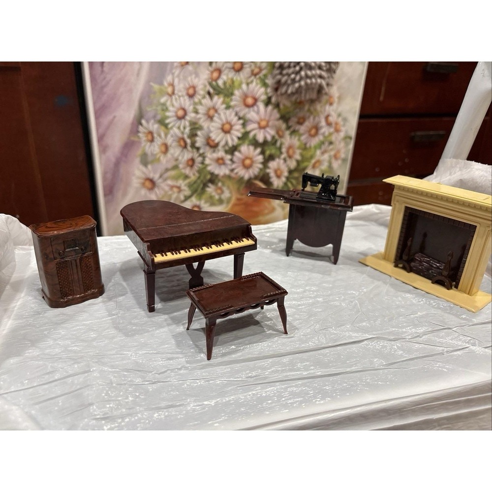 Vintage Renwal Dollhouse Piano, Bench, Fireplace, Cabinet Radio, & Sewing Machin